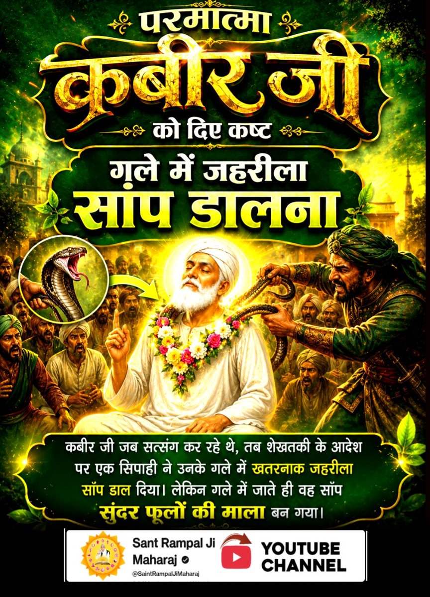 _official_Riya_'s tweet photo. #परमात्मा_पर_किये_गए_जुल्म
कबीर जी जब सत्संग कर रहे थे, तब शेखतकी के आदेश पर एक सिपाही ने उनके गले में खतरनाक जहरीला सांप डाल दिया। लेकिन गले में जाते ही वह सांप सुंदर फूलों की माला बन गया।
6Days Left Kabir Prakat Diwas https://t.co/G9eUx7u9Nv