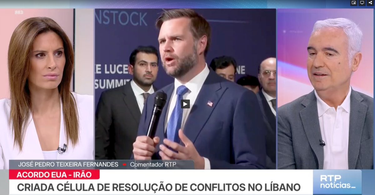 JPTFe's tweet photo. As negociações entre os EUA e o Irão em análise na RTP Notícias com a jornalista Vânia Correia https://t.co/Y1ovXneIlI
Para já, os resultados são claramente favoráveis ao Irão, apesar do tom optimista (forçado) do Vice-Presidente dos EUA, J. D. Vance  ... https://t.co/43lhbh6TEV