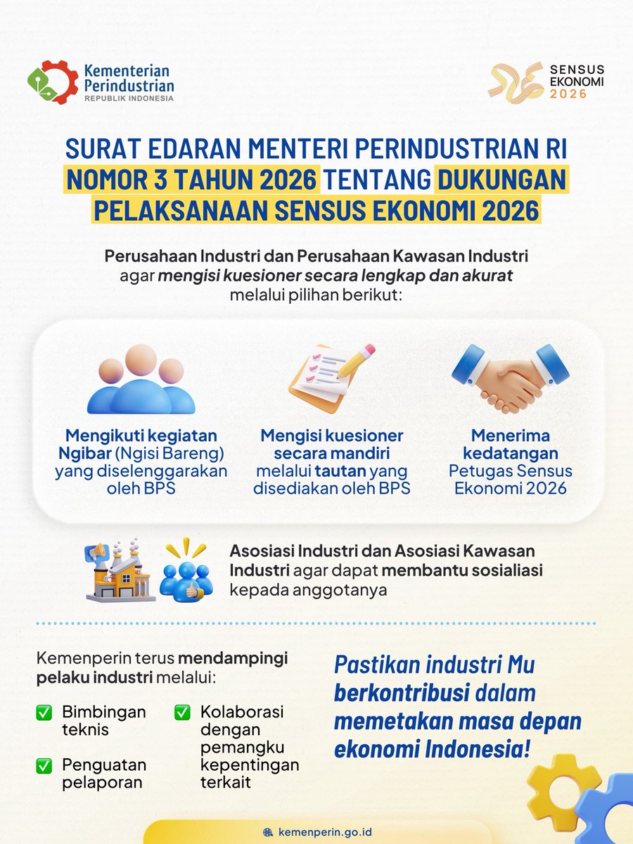 Kemenperin_RI's tweet photo. ✨ Mari sukseskan Sensus Ekonomi 2026 dengan mengisi melalui https://t.co/wKhBN5m8KC ! 

Setiap data yang disampaikan menjadi kontribusi nyata untuk membangun industri Indonesia yang semakin maju, tangguh, dan berdaya saing global.

#InfoPerin #SensusEkonomi2026 #JagaIndustri https://t.co/GDOWwbGSna