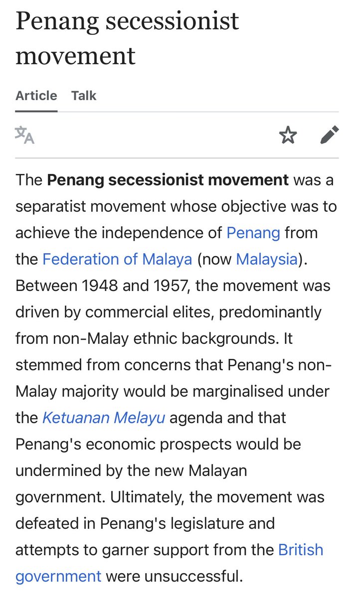 BendiTheBagak's tweet photo. Singapore wasn’t the first actually. It was in Penang where there was an attempt to achieve independence from the Federation of Malaya. Sebab takut dgn Melayu (lmao).

Ramai tak tau.

MCA was against this because this would reduce Chinese power in Malaya at that time. https://t.co/tZJIg62Vpl