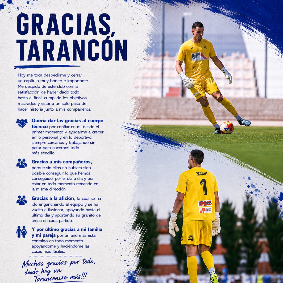 MarioNieto_13's tweet photo. Agradecido a todas las personas que componen el @CDTarancon ,trabajo incansable y la humildad por delante, sois el ejemplo de hacer bien las cosas.
Os deseo todo lo mejor para el futuro y gracias por hacerme formar parte de este proyecto. https://t.co/5YO2FpFnG7