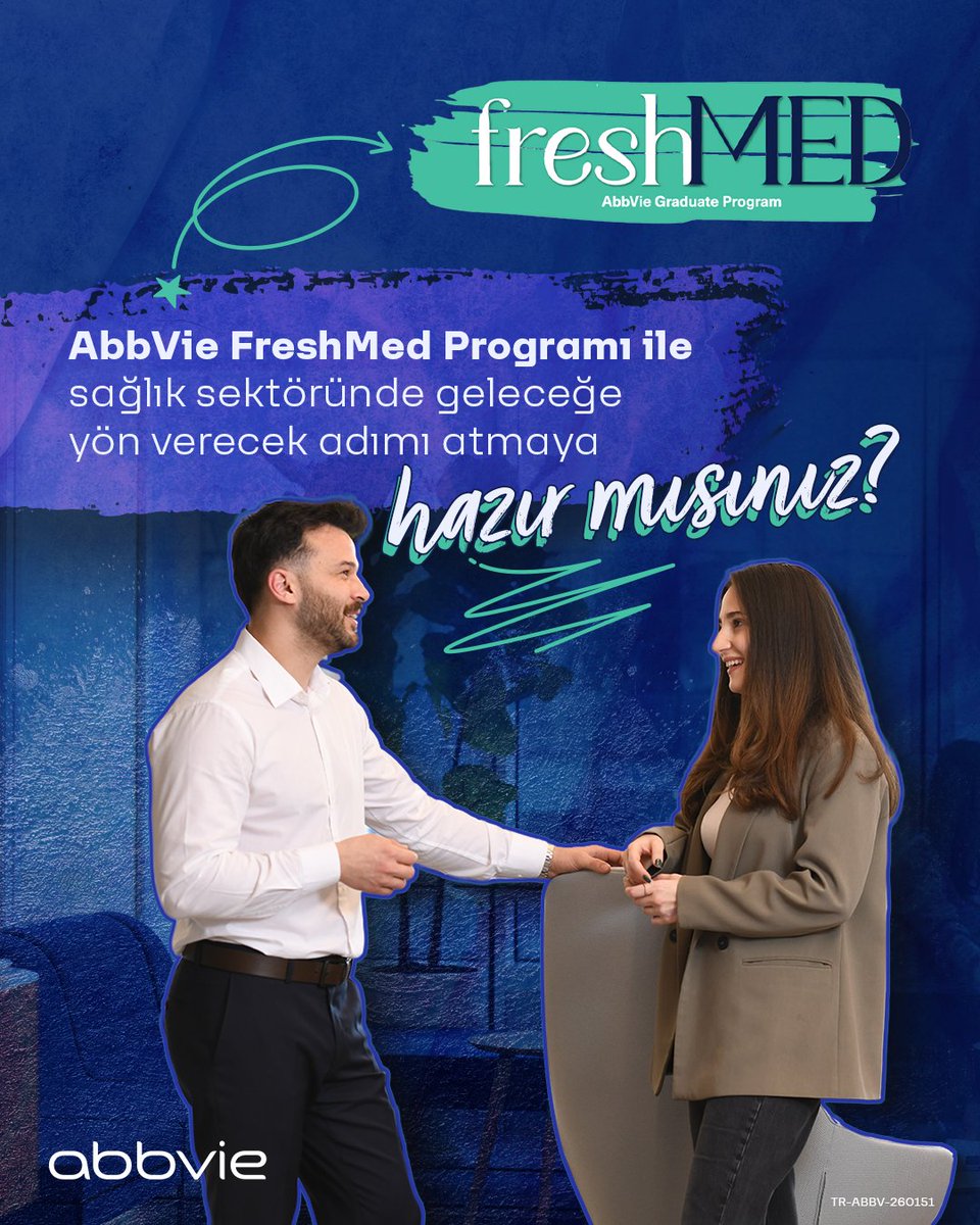 abbvieturkiye's tweet photo. AbbVie FreshMed Programı ile medikal kariyerinize güçlü bir başlangıç yapmaya hazır mısınız?

Tıp, eczacılık veya ilgili sağlık bilimleri fakültelerinden yeni mezun olan genç yeteneklere sunduğumuz bu eşsiz fırsatla, bilimin ve inovasyonun geleceğini birlikte şekillendiriyoruz. https://t.co/LOcp1gjwKH