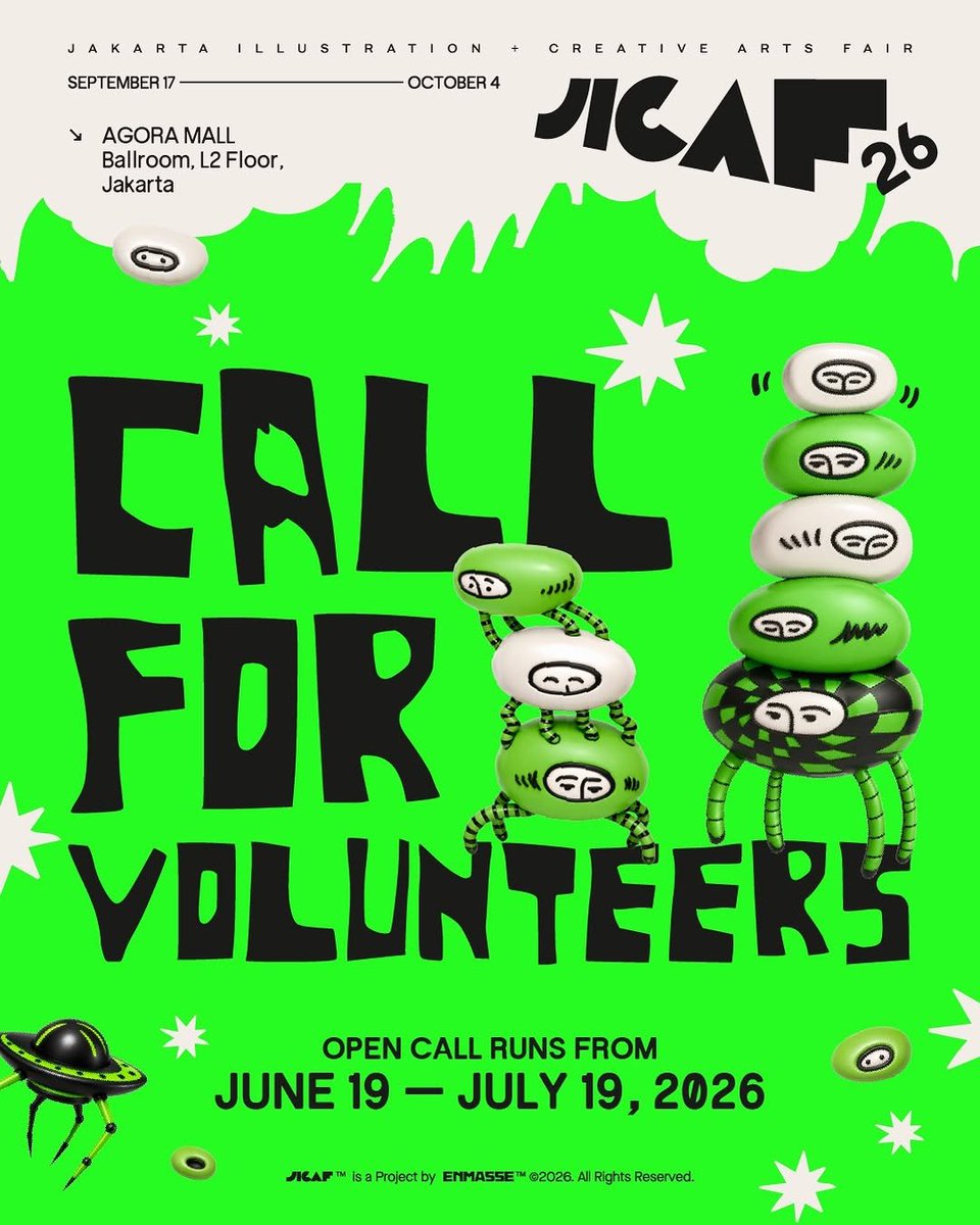 disiniloker's tweet photo. 📢 Info Volunteer (PAID)

Jakarta Illustration &amp; Creative Arts Fair 2026 (JICAF)
🧑‍💻 Information, Ticketing, LO, Production Assistant, Program/Show, Retail, Cashier (cont.)👇
📍 Agora Mall
🗓️ 17 September – 4 October 2026
🔗https://t.co/srnrhroW1y
⌛️19 Juli 2026

#disinivolunteer https://t.co/7S1kxBbBuP