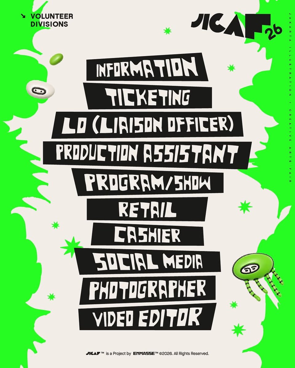 disiniloker's tweet photo. 📢 Info Volunteer (PAID)

Jakarta Illustration &amp; Creative Arts Fair 2026 (JICAF)
🧑‍💻 Information, Ticketing, LO, Production Assistant, Program/Show, Retail, Cashier (cont.)👇
📍 Agora Mall
🗓️ 17 September – 4 October 2026
🔗https://t.co/srnrhroW1y
⌛️19 Juli 2026

#disinivolunteer https://t.co/7S1kxBbBuP