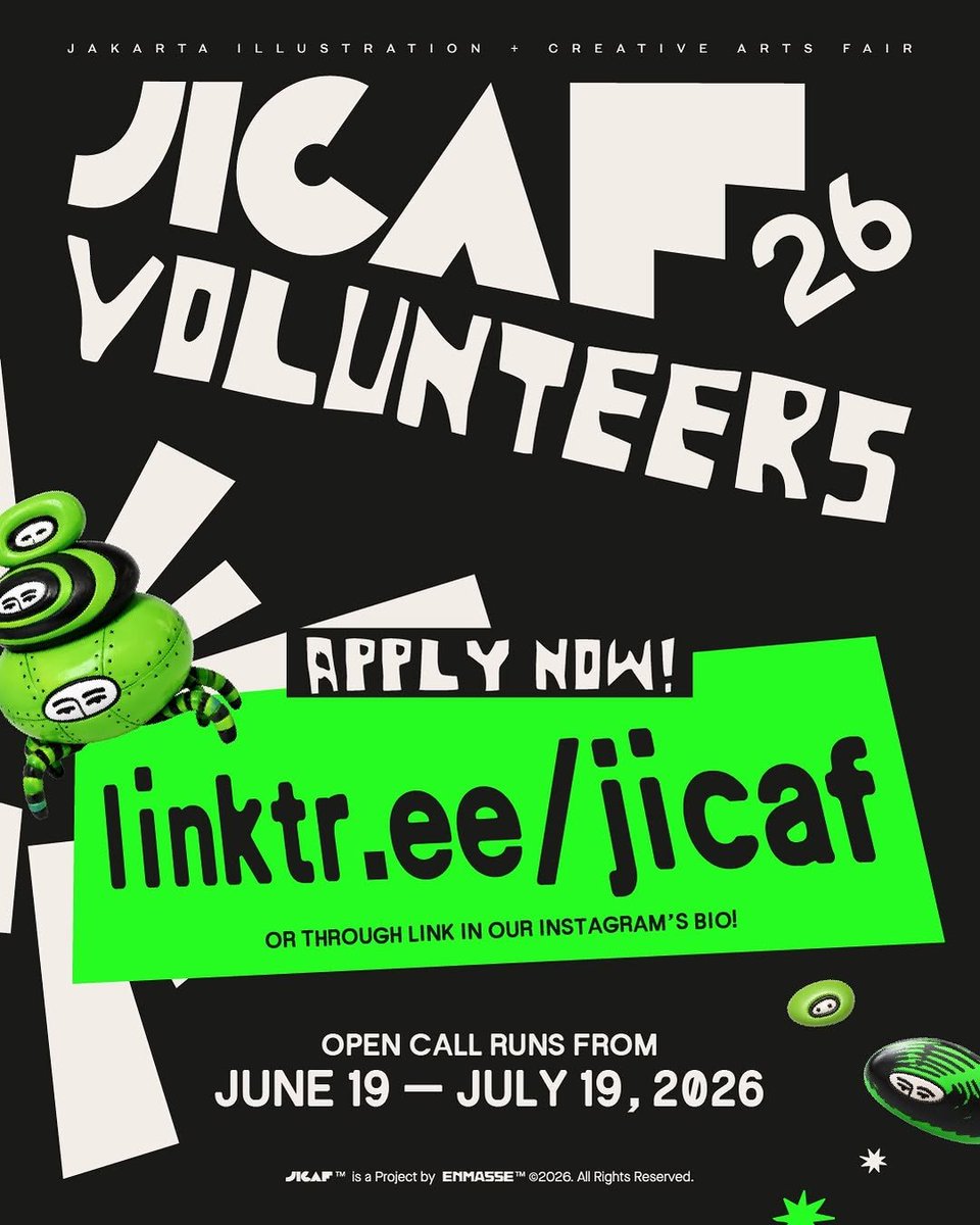 disiniloker's tweet photo. 📢 Info Volunteer (PAID)

Jakarta Illustration &amp; Creative Arts Fair 2026 (JICAF)
🧑‍💻 Information, Ticketing, LO, Production Assistant, Program/Show, Retail, Cashier (cont.)👇
📍 Agora Mall
🗓️ 17 September – 4 October 2026
🔗https://t.co/srnrhroW1y
⌛️19 Juli 2026

#disinivolunteer https://t.co/7S1kxBbBuP