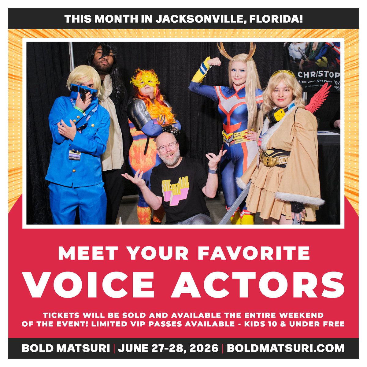 BoldMatsuri's tweet photo. It's almost time for Bold Matsuri! Join us THIS WEEKEND on June 27th-28th, 2026 at the Prime F. Osborn III Convention Center in Jacksonville, FL.

To view the current guest list and pre-order tickets for the June 27-28, Bold Matsuri, please visit: https://t.co/PIw3eUX0Xa https://t.co/V0v5EpV3Ra