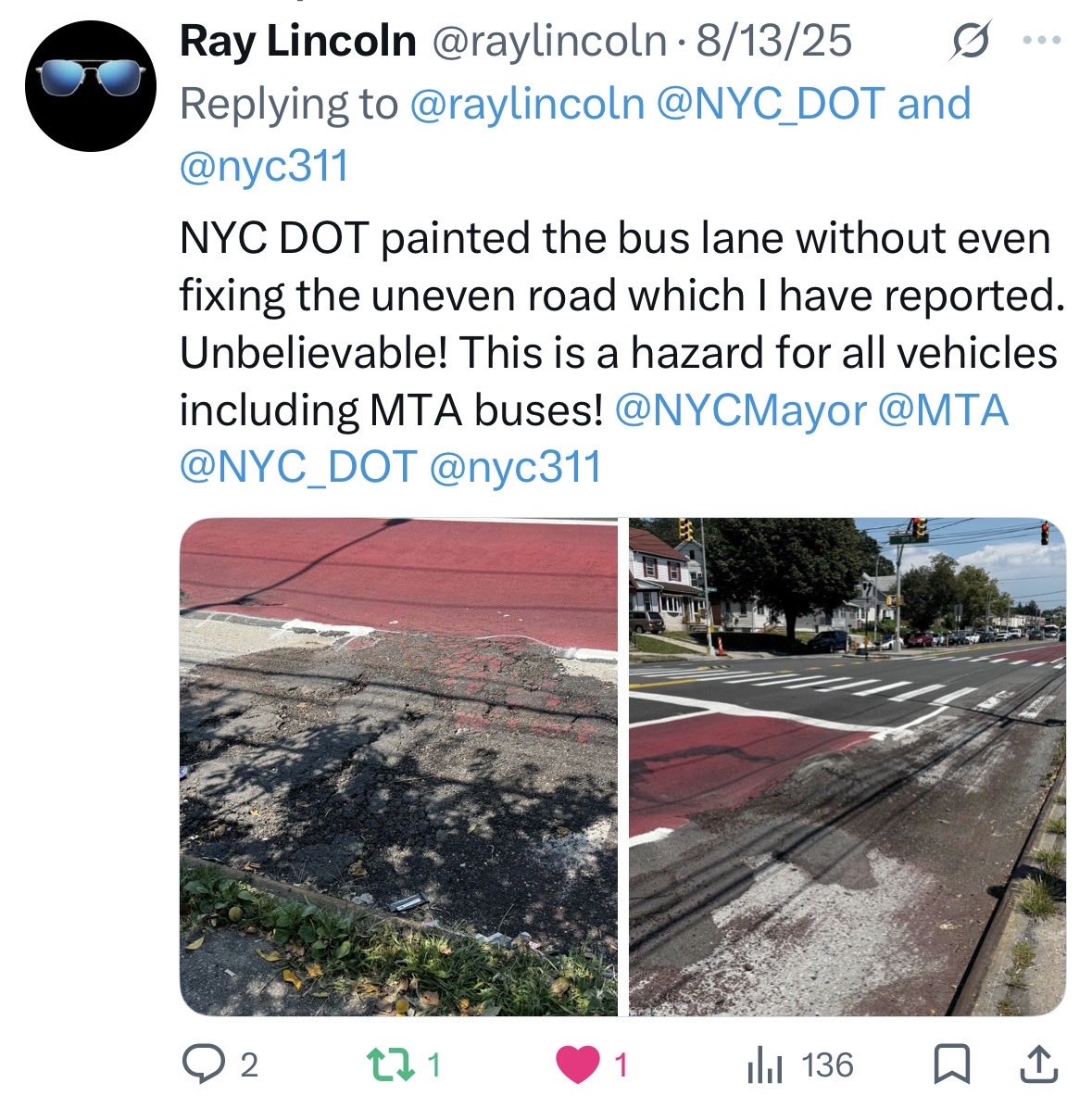 raylincoln's tweet photo. This uneven/damaged road is dangerous for bus commuters. This issue has been reported on 08/13/25 and nothing has been done, see image. 199 Street on Hillside Ave, Hollis, NY 11423. @NYC_DOT What is the status? @NYCMayor @MTA @NYC_DOT @nyc311 @GovKathyHochul https://t.co/mHPMXqOlk5