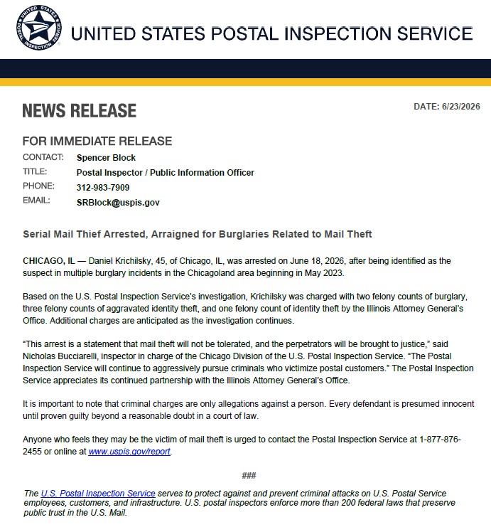 USPIS_CHI's tweet photo. 🚨PRESS RELEASE🚨Serial Mail Thief Arrested, Arraigned for Burglaries Related to Mail Theft.

Based on the USPIS investigation, Daniel Kirchilsky, 45, of Chicago, IL, was charged with felony counts of burglary, identity theft, and aggravated identity theft.

Read more below!👇 https://t.co/sFFcVg9eIM