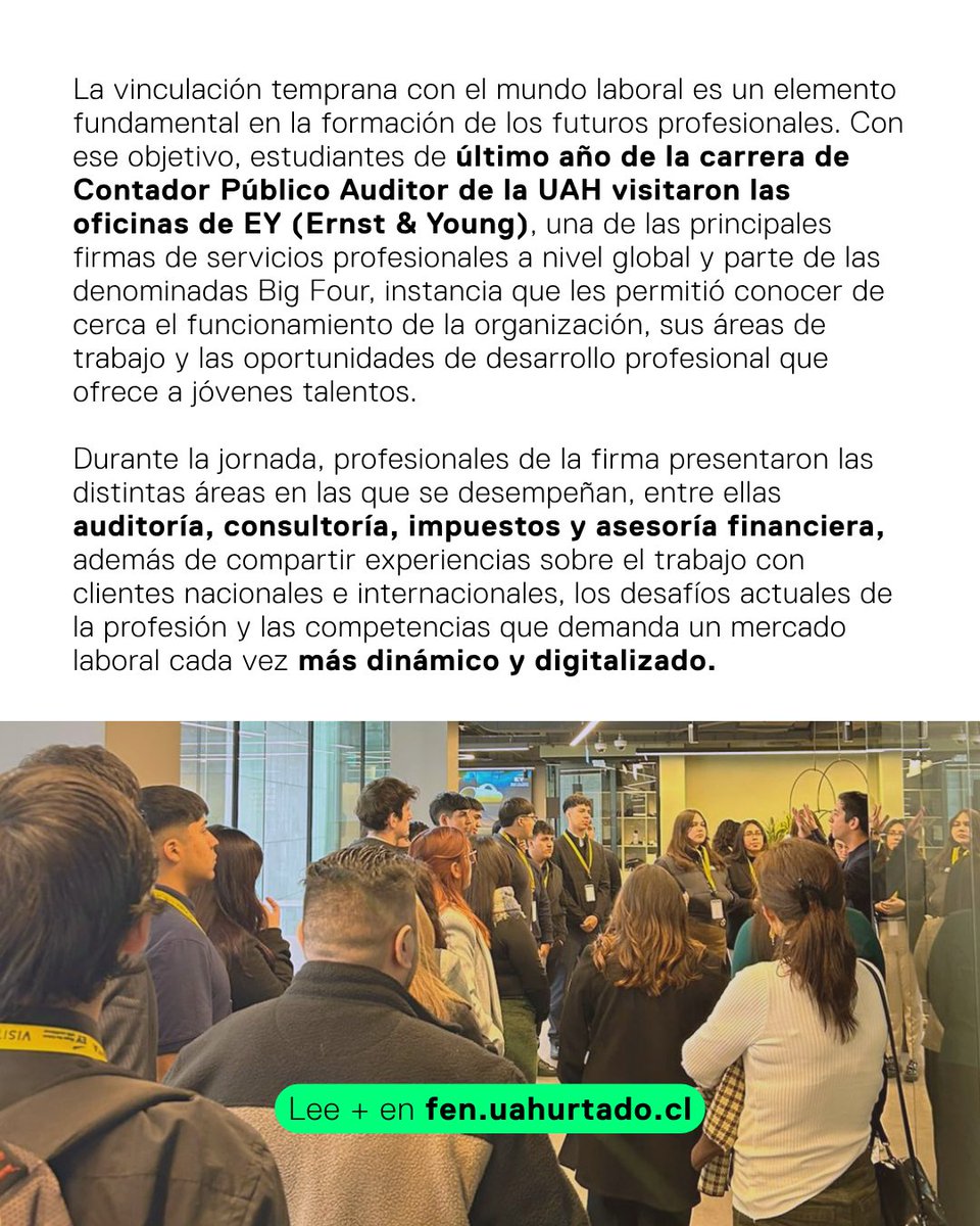 FEN_UAH's tweet photo. 🌎📊 ¿Cómo es trabajar en una de las firmas de servicios profesionales más importantes del mundo?
Estudiantes de último año de Contador Público Auditor UAH visitaron las oficinas de EY, donde conocieron de primera fuente las distintas áreas de desarrollo. https://t.co/ZjrfeXqJj9