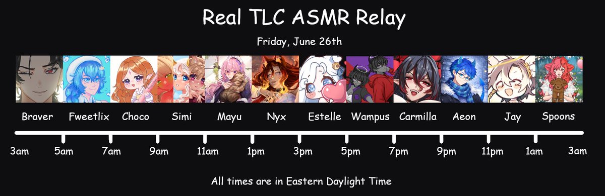 Simi_0o0's tweet photo. 🌸 Real TLC ASMR Relay 🌸

Join 12 ASMRtists as we comfort you with our TLC! ✨

📅FRI, June 26th on Twitch

⏰Staring at 3am EDT/2am CDT on @Braver__ 's channel! 

🔗 Times &amp; ASMRtists in comments.

🎉For my 3yr Stream Anniversary, I wanted to do something a little different… https://t.co/pVpzhvvZrm