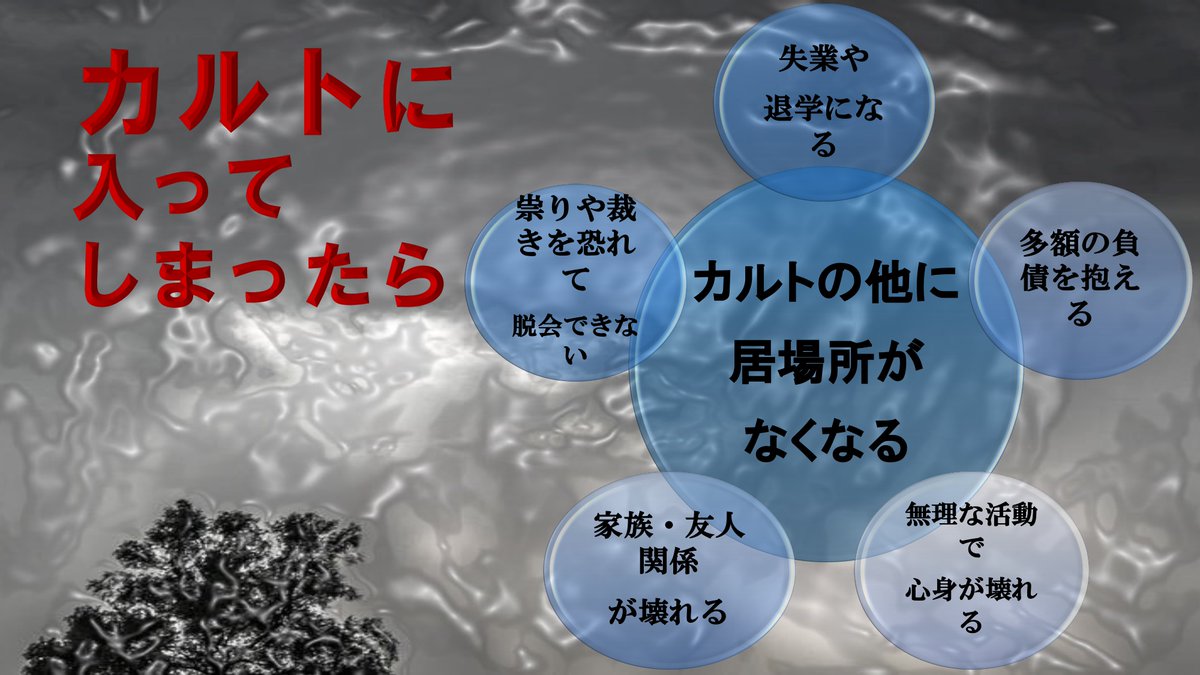 SNSCULTyobo's tweet photo. 【定期】破壊的カルトは、組織の活動を最優先させることで、メンバーの家族関係や友人関係を壊し、自分たち以外の居場所を失わせます。また、「脱会したら全ての努力が無駄になる」「地獄へ落ちる」と刷り込んで、抜けようと思っても抜けられない状況を作り、とことんお金と時間を奪います。 https://t.co/6YQTnXUb1D