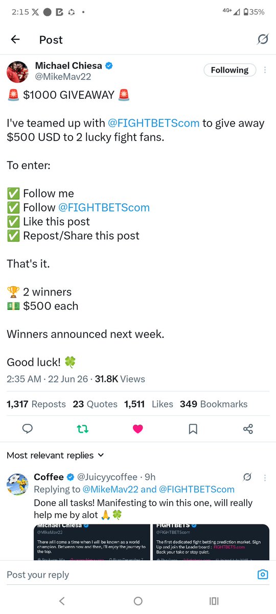 MSumon7116's tweet photo. @MikeMav22 @FIGHTBETScom "All tasks completed! Good luck everyone 🍀" https://t.co/zCGi4NqGTx