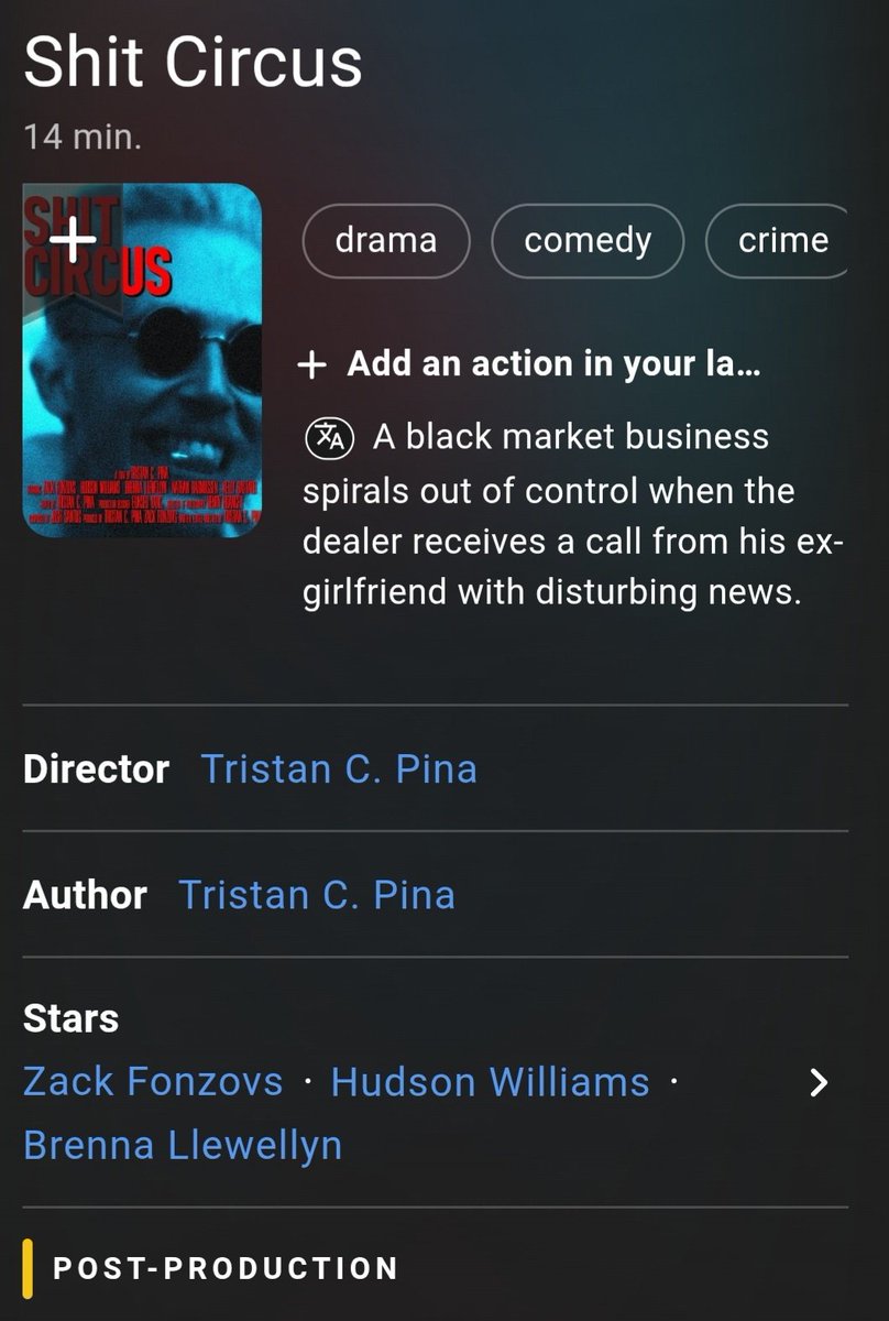 hudsonwupdates's tweet photo. 'Shit Circus', featuring Hudson Williams in the role of Lyle, has recently been listed on IMDb !👀

Written and directed by Tristan C. Pina, the film also stars Zack Fonzovs, Brenna Llewellyn, Nathan Rasmussen, and Kelly Bastard. 

It is currently in post-production. https://t.co/syP8px9Dn7