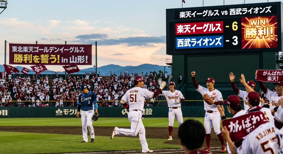 asimostream's tweet photo. 今日は山形県での楽天イーグルス対西武ライオンズの試合が行われます。⁡
⁡年に1回の山形開催⚾️⚾️⁡
⁡もちろん勝つのは我が楽天イーグルスで！⁡
⁡山形現地応援の皆さん、熱い暑い応援よろしくお願いします🙏📣✊🏻❤️‍🔥⁡
⁡画像は今日もAIくんが作成しました(*^^*)

 #楽天イーグルス
 #山形開催 https://t.co/W8GdKBaeG0