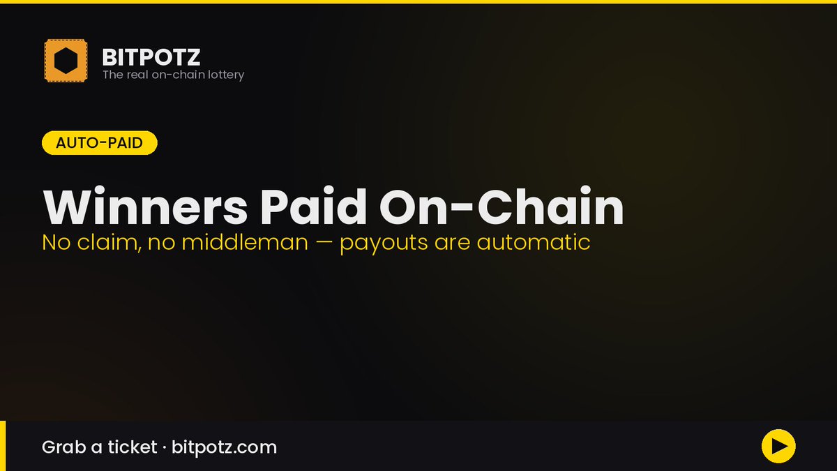 bitpotz's tweet photo. When a round ends, winners get paid. Automatically. On-chain. π
No "claim" button, no waiting on a middleman, the payout just lands. That's how it should work.
Grab a ticket β https://t.co/JTToaBgTCy
#Bitpotz #OnChain #Crypto #Jackpot https://t.co/5tV1Pn8ScO