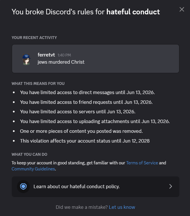 FerretVT's tweet photo. @discord_support @EhiabhiAge17003 why is stating a fact considered 'hateful conduct'? https://t.co/oCxV30q8Cg