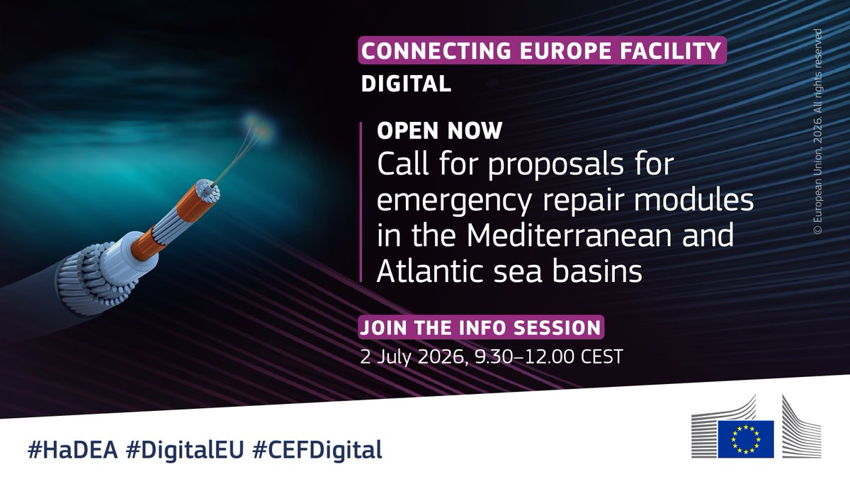 EU_HaDEA's tweet photo. ⚡ New funding opportunity: €40 million to protect Europe’s digital infrastructure. 
 
CEF-Digital just launched its second call to boost emergency submarine cable repair capacities. 
 
📌 Deadline: 8 October 2026, 17.00 CEST

Learn more and apply: https://t.co/0Xd5fV2bBP https://t.co/CBRoICbd4W