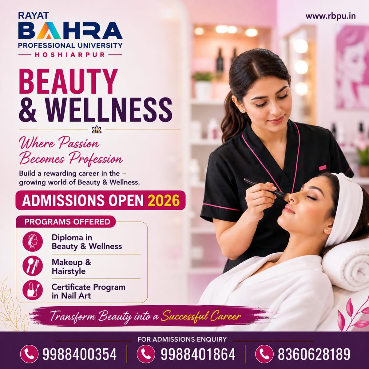 RayatBahraHsp's tweet photo. 🌸 Rayat Bahra Professional University, Hoshiarpur invites you to step into the dynamic world of Beauty & Wellness, where talent, creativity, and professional skills come together to create endless career opportunities.
#BeautyAndWellness #MakeupAndHairstyle #NailArt #RBPU https://t.co/etK05eKNWX