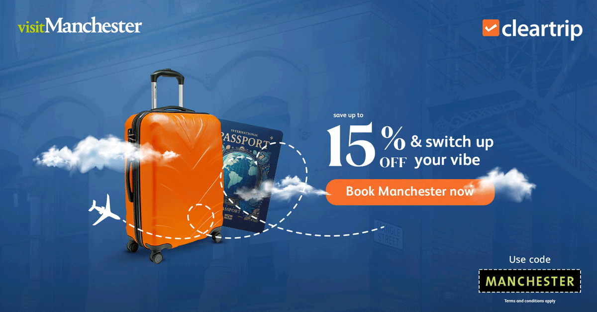 CleartripAE's tweet photo. Manchester has more to offer than you think. ✈️

Use code MANCHESTER and save up to 15% on your next trip. Culture, sport, good food, and even better stories. What are you waiting for? 👇

🔗 Book now on Cleartrip https://t.co/gF1zq3KEiv