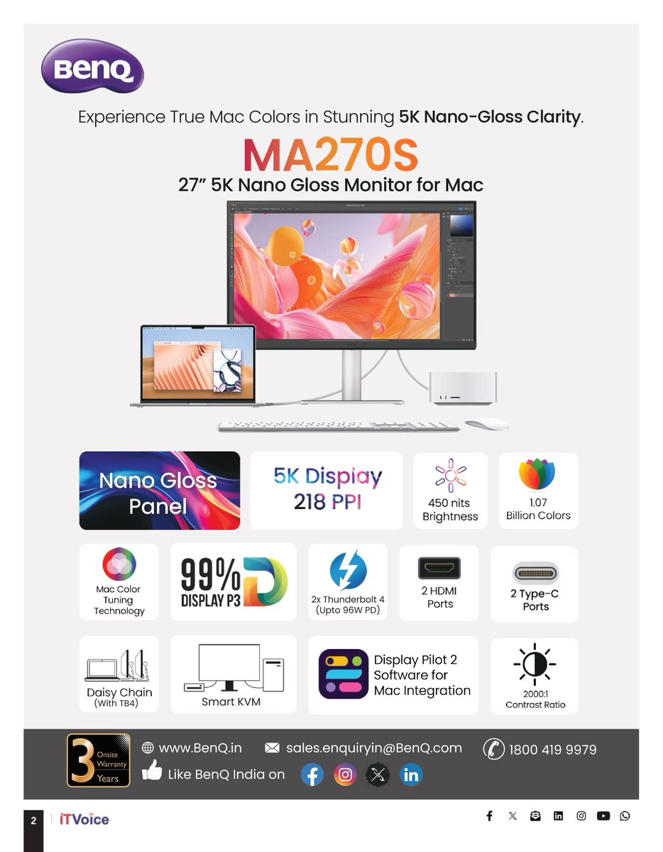 itvoice's tweet photo. 🖥️ Experience True Mac Colors in stunning 5K Nano-Gloss clarity.
The new BenQ MA270S delivers 5K resolution, 99% Display P3, Thunderbolt 4, and seamless Mac integration for creators who demand precision.

#BenQ #BenQMA270S #MacMonitor #5KDisplay #CreativeProfessionals https://t.co/vS7orHBTtv