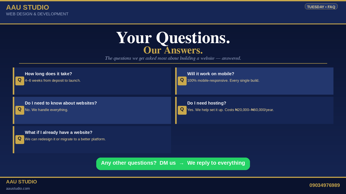 AAUStudio_'s tweet photo. FAQs about getting a website answered.

How long? 4–6 weeks.

Need expertise? 

Already have one? We redesign or migrate.

Mobile? 100% responsive. Always.

Hosting? We help set it up ₦20k–₦60k/year.

DM us → https://t.co/6LI8JbcAZv

#AAUStudio #WebDesignNigeria #WebDesignFAQ https://t.co/oLyPbsT0hw