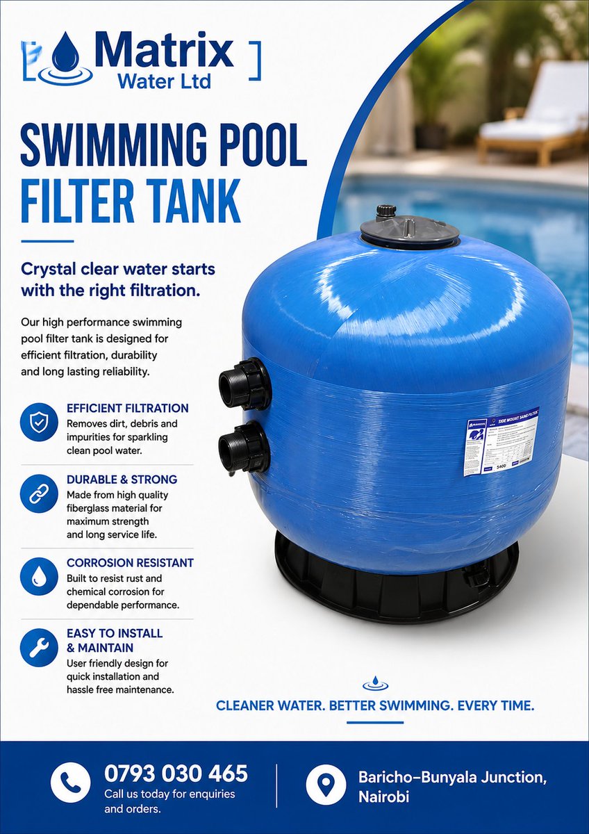 MatrixWaterLTD's tweet photo. 🏊‍♂️ Crystal clear pools start with superior filtration.Matrix Water Ltd Swimming Pool Filter Tanks provide:
✅ Efficient filtration
✅ Durable fiberglass construction
✅ Corrosion resistance
✅ Easy maintenanceIdeal for homes, hotels, resorts &amp; commercial facilities📞0793 030465 https://t.co/6BnPGgtanS