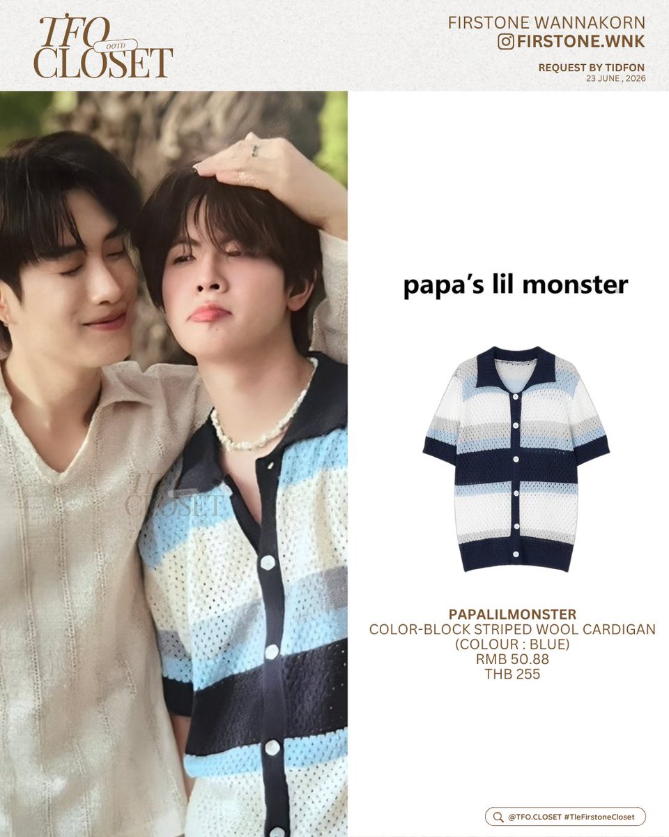 tfocloset's tweet photo. [ #TleFirstoneCloset ] ✨
@firstone_wnk #Firstone 

🗓️ 23.06.2026
REQUEST BY TIDFON 

— #Papaslilmonster
⭐️Color-Block Striped Wool Cardigan (Colour : Blue)
RMB 50.88
THB 255

🖇️✩#TleFirstone #เติ้ลเฟิร์สวัน ˚⊹♡ https://t.co/vzoGWLJ5gi