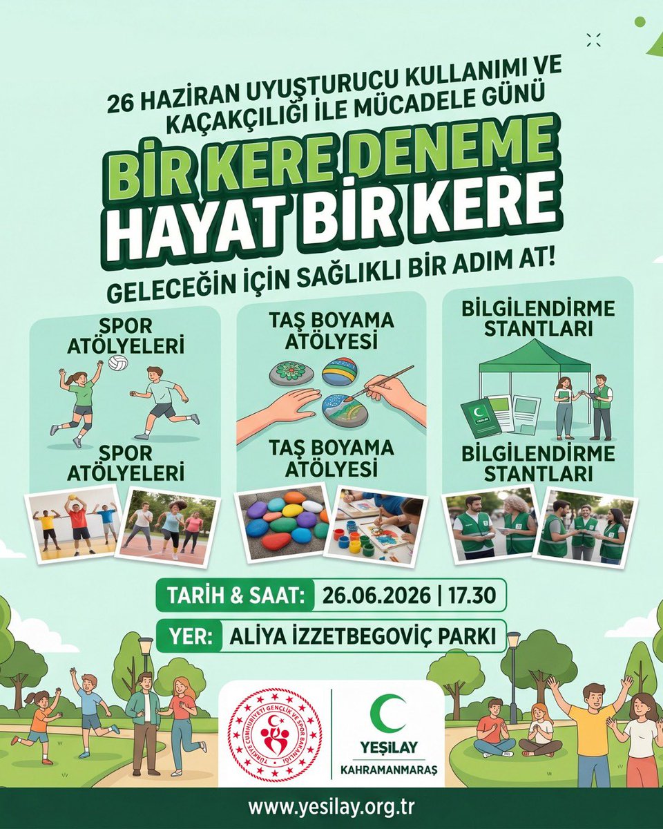 GSB_KMaras's tweet photo. 26 Haziran Uluslararası Uyuşturucu Kullanımı ve Kaçakçılığı ile Mücadele Günü’nde, enerjimizi ve yaratıcılığımızı geleceğe taşımak için harika bir gençlik festivalinde buluşuyoruz!

📍 Yer: Aliya İzzet Begoviç Parkı
🕠 Saat: 17.30 https://t.co/yX2HSbUPSV