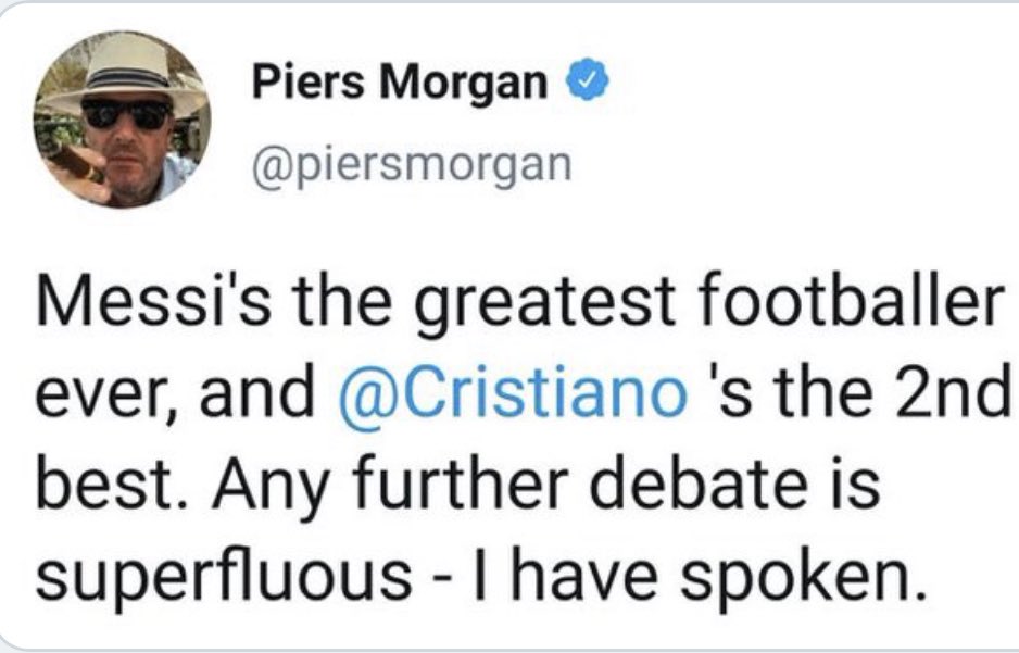 OddsandStocks's tweet photo. @piersmorgan @Cristiano Any further debate is superfluous, you have spoken. https://t.co/txye1MTckA
