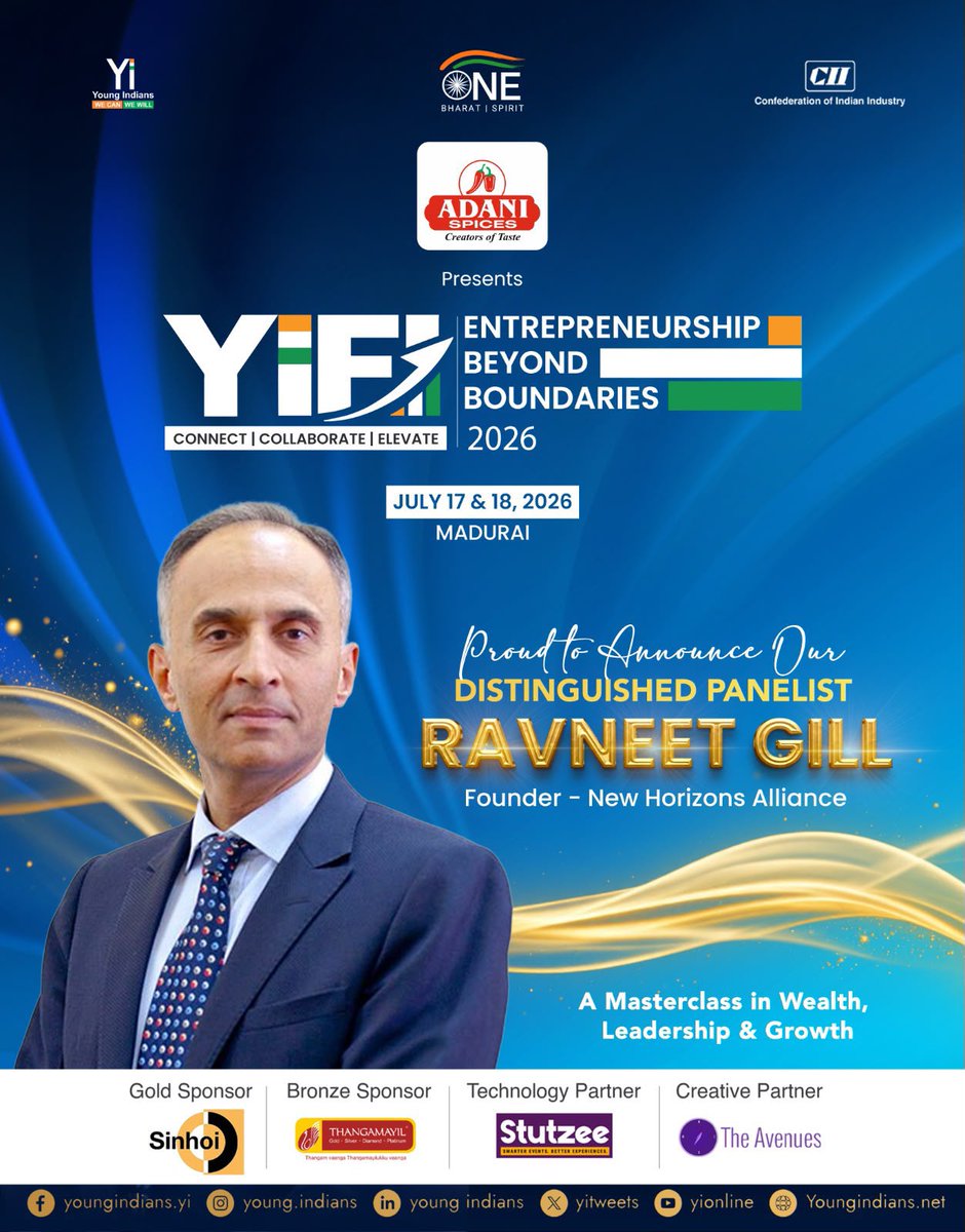YiTweets's tweet photo. We are delighted to welcome Ravneet Gill - Founder, New Horizons Alliance to YIFI 2026.

A distinguished leader with over three decades in banking, Ravneet has led some of India's most influential financial institutions, including Deutsche Bank India and Yes Bank. Today, he is channelling that experience into creating impact beyond finance through sports education, athlete development, and future-ready learning initiatives.

His journey is a testament to the power of reinvention, purpose-driven leadership, and building ecosystems that create lasting value.

Join us as he shares insights on leadership, transformation, innovation, and creating meaningful impact in a rapidly evolving world.

#YIFI2026 #Leadership #FutureReady #Innovation #Transformation #WealthManagement #BusinessLeadership
