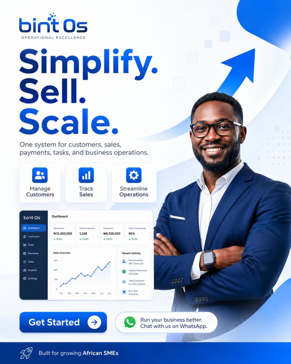 Binttech's tweet photo. Still managing your business with spreadsheets and WhatsApp chats?

Upgrade to Bint OS.

✅ Customers
✅ Sales
✅ Payments
✅ Tasks
✅ Operations

One system. Less chaos. More growth. Built for growing African SMEs.

DM us for a free demo.

#BintOS #BusinessAutomation #SMEs https://t.co/I8CEGHVn0w