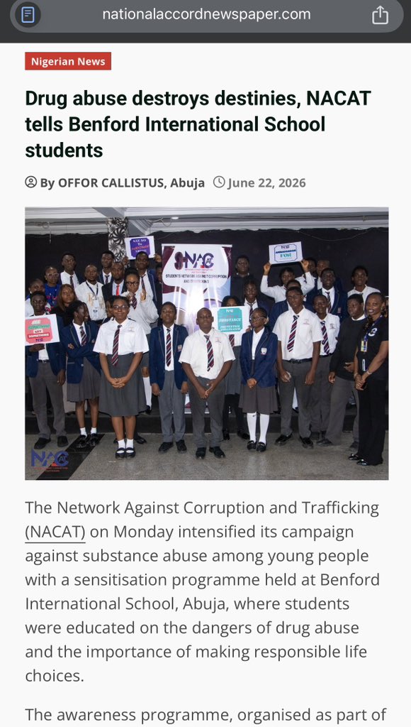 NacatInitiative's tweet photo. The Network Against Corruption and Trafficking (NACAT) on Monday intensified its campaign against substance abuse among young people with a sensitisation programme held at Benford International School, Abuja, where students were educated on the dangers of drug abuse.
#nacat https://t.co/WlK7yIBWV9
