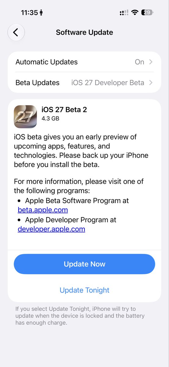AbebeMek's tweet photo. 🚨 iOS 27 Beta 2 is HERE! 🔥

Who’s installing right now? 👀
#iOS27 #iOS27Beta2 #Apple #BetaUpdate #iPhone https://t.co/uenBfl0G8U