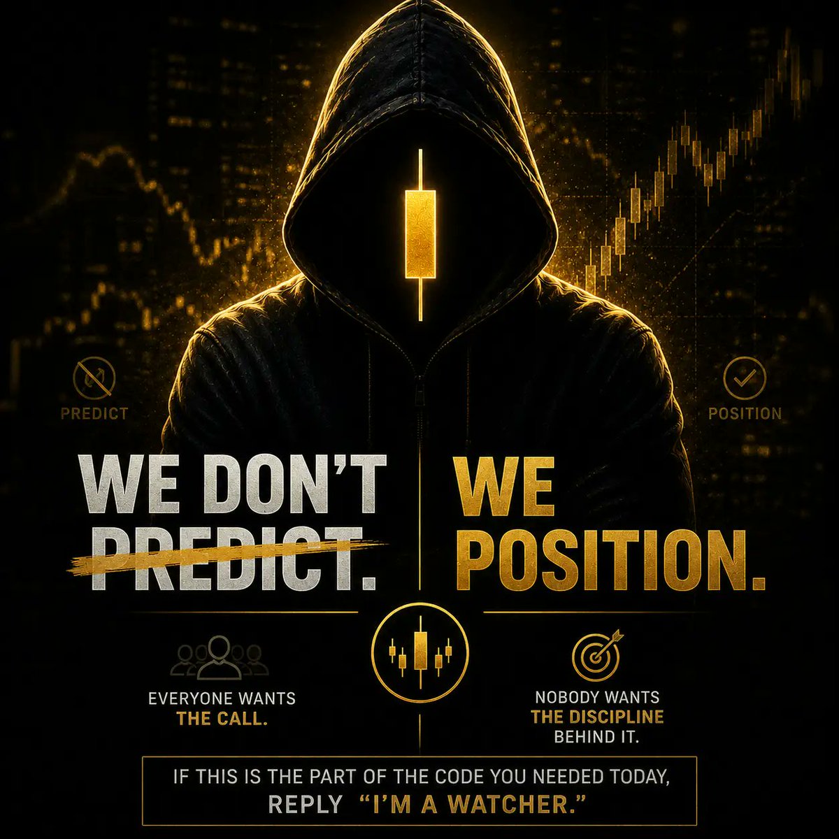 dojidegenfun's tweet photo. The Watcher Code, line 1:
We don't predict. We position.

Everyone wants the call. 
Nobody wants the discipline behind it.

If this is the part of the Code you needed today, reply "I'm a $DOJIDEGEN Watcher."