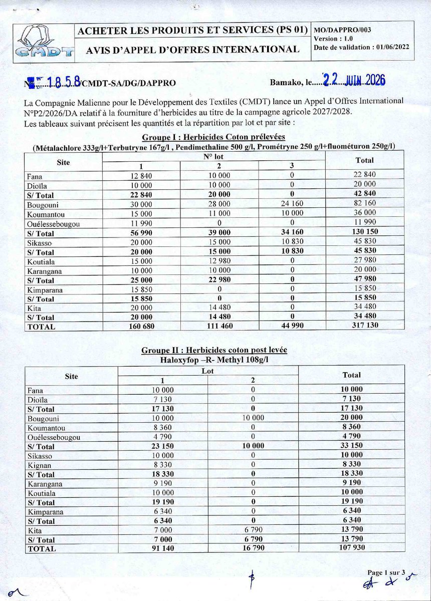 Malijetactu's tweet photo. #CMDT: AVIS D'APPEL D'OFFRES HERBICIDES 2027-2028 https://t.co/ZgJtVisleW