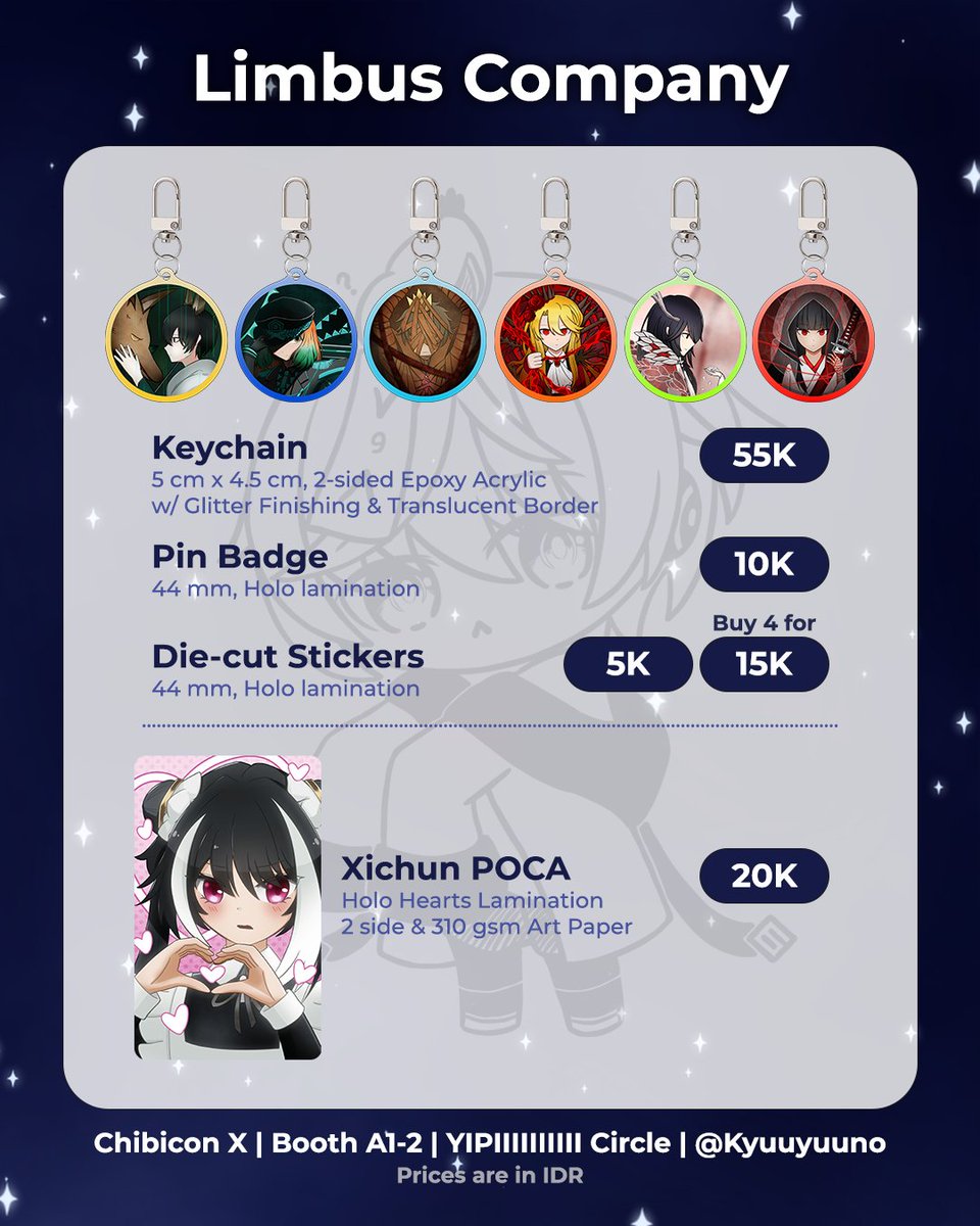 Kyuuyuuno's tweet photo. [💖 + 🔄 are highly appreciated]
Kyuu's #ChibiconX Catalogue

🌈 Booth A1-2 | Shoucchi96 x YIPIIIIIIIIII
📆 27-28 June 2026
📍Convention Hall Tunjungan Plaza 3, Surabaya

✨ Limbus Company, Hundred Line, ZENO Remake, Original

#ChibiconCatalogue

(1/3) https://t.co/PS0wgZrH2X