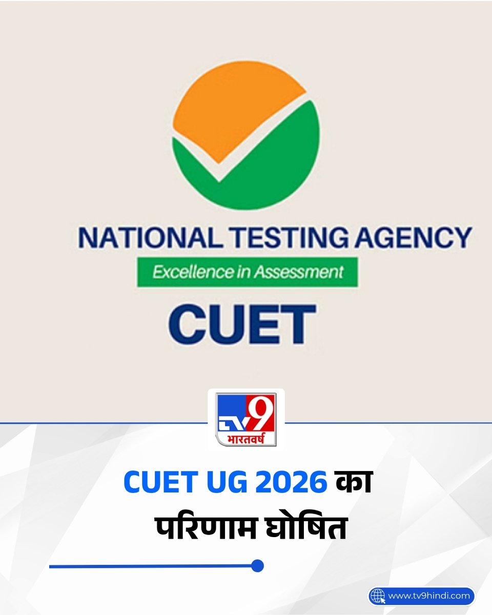 TV9Bharatvarsh's tweet photo. राष्ट्रीय परीक्षा एजेंसी (NTA) ने CUET UG 2026 का परिणाम घोषित कर दिया है. परीक्षा में शामिल अभ्यर्थी अपना परिणाम आधिकारिक वेबसाइट https://t.co/Zj4F20tr9x पर जाकर देख सकते हैं. परिणाम देखने के लिए उम्मीदवारों को Application Number और पासवर्ड से लॉगिन करना होगा.

#NTA #CUETUG2026 #Results #Out #Education #Students #TV9Card
