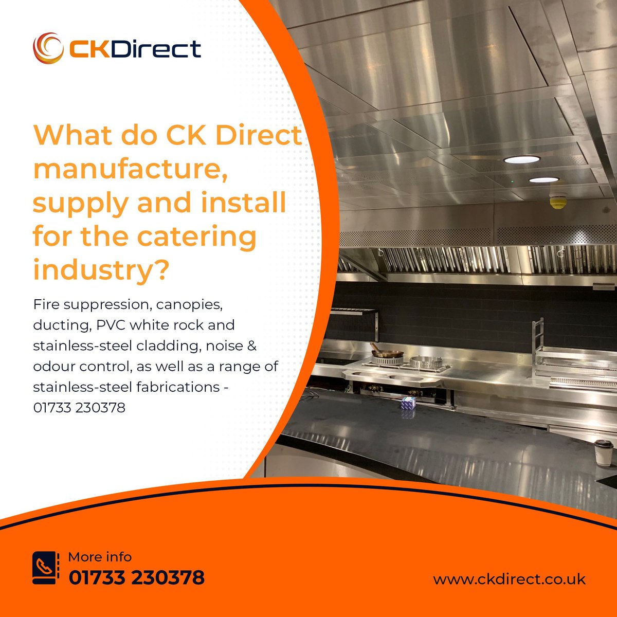 ck_direct's tweet photo. What do CK Direct manufacture, supply and install for the catering industry?
Fire suppression, canopies, ducting, PVC white rock and stainless-steel cladding, noise &amp; odour control, as well as a range of stainless-steel fabrications - 01733 230378 https://t.co/LZiCXyLHXR https://t.co/1BQPexFbH1