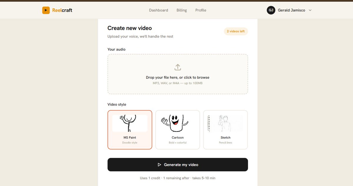Flowpesa_'s tweet photo. Been building in silence. Time to show you side project

Reelcraft upload your voice, get back a fully illustrated YouTube video. Automatically.

No editing. No tools to juggle. Just your voice then finished video.

What do you think of the UI? 👇

#BuildInPublic #SaaS #Realcraft https://t.co/pLwEdbbDZ7