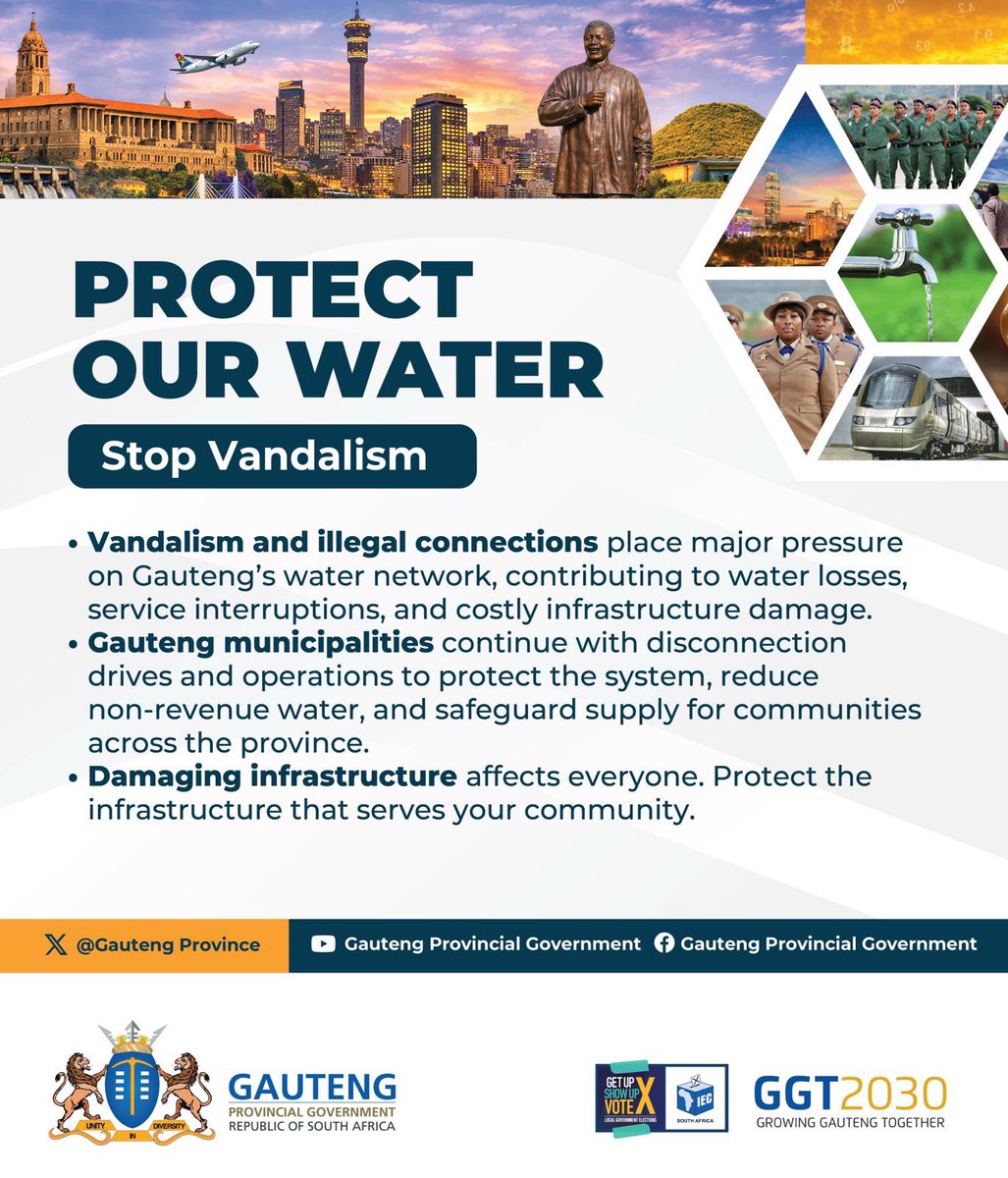 GautengProvince's tweet photo. [Message of the Day]:

Vandalism and illegal connections place major pressure on Gauteng’s water network, contributing to water losses, service interruptions, and costly infrastructure damage.

Damaging infrastructure affects everyone. Protect the infrastructure that serves your community.

#GrowingGautengTogether