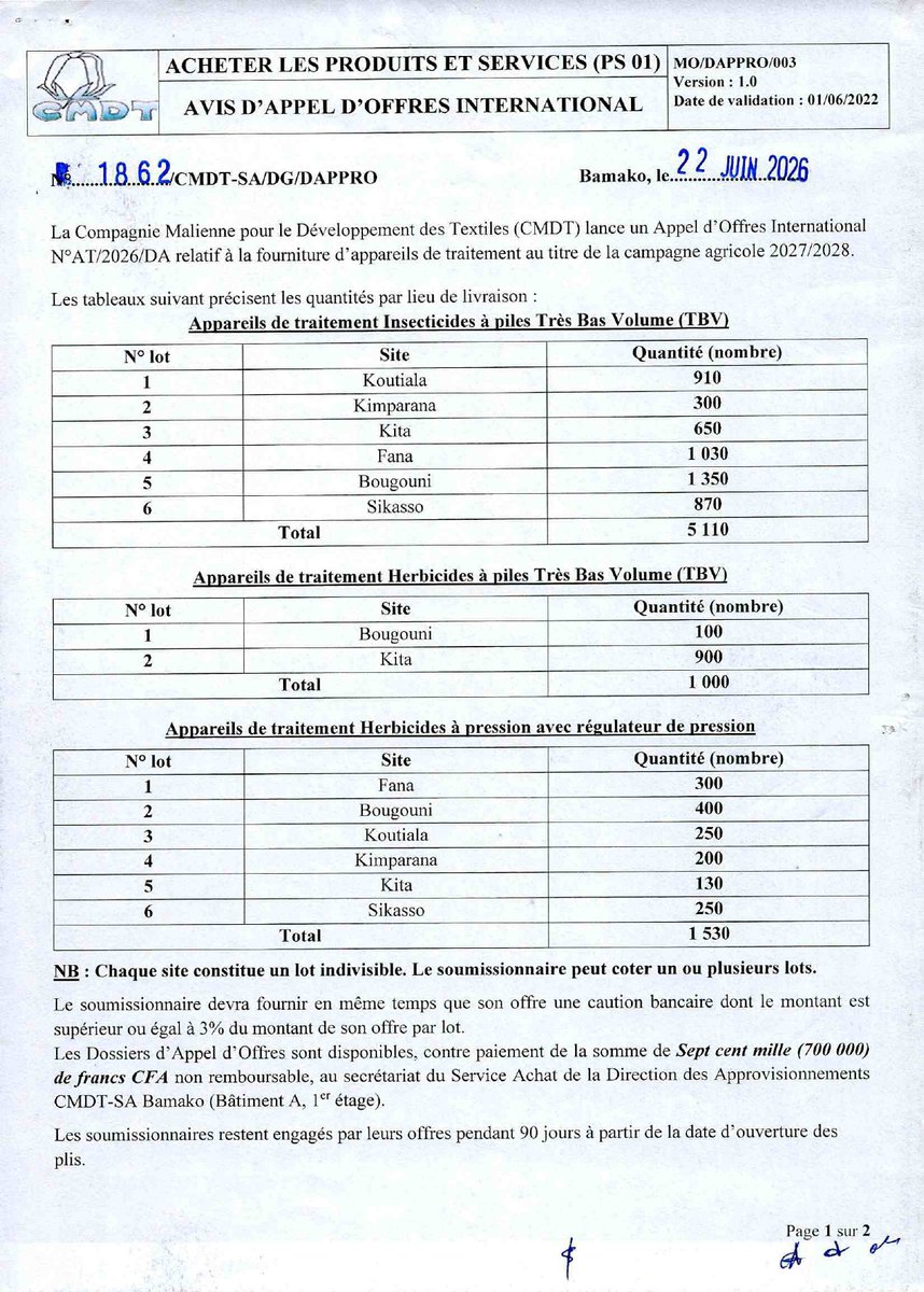 Malijetactu's tweet photo. #CMDT: AVIS D'APPEL D'OFFRES APPAREILS DE TRAITEMENT 2027-2028 https://t.co/KnZga6jCaU