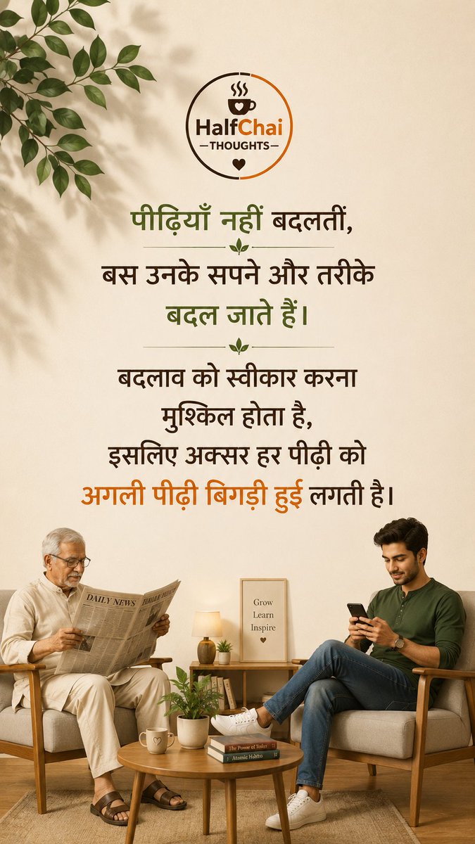HalfChaiThought's tweet photo. हर पीढ़ी को अगली पीढ़ी बिगड़ी हुई लगती है,
क्योंकि उसे बदलाव से नहीं,✨
अपनी पुरानी आदतों से मोह होता है। 🌱

#OldGeneration #NewGeneration 
#halfchaithoughts https://t.co/Ao9YeNx6dQ