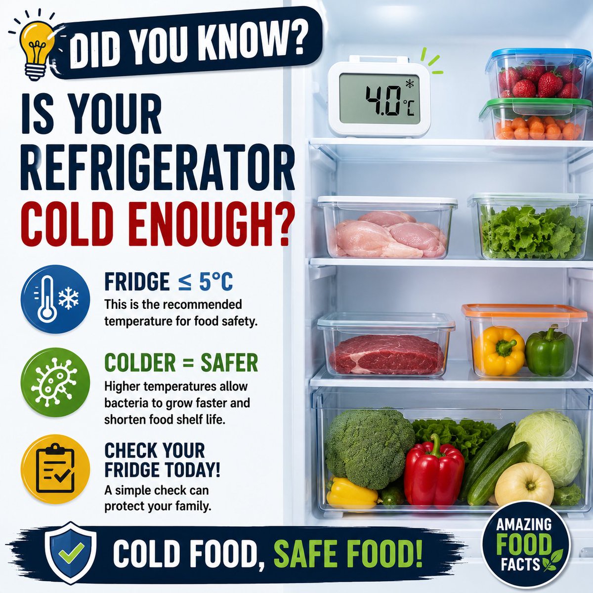 Charming_guy89's tweet photo. 🧊 Is your fridge actually cold enough?

🥶 Recommended temperature: ≤ 5°C

🦠 Even a slightly warm fridge can reduce food shelf life and increase food safety risks.

Have you ever checked your fridge temperature? 👇

#FoodSafety #AmazingFoodFacts #temperature #home #kitchen https://t.co/SKYLnRmANc