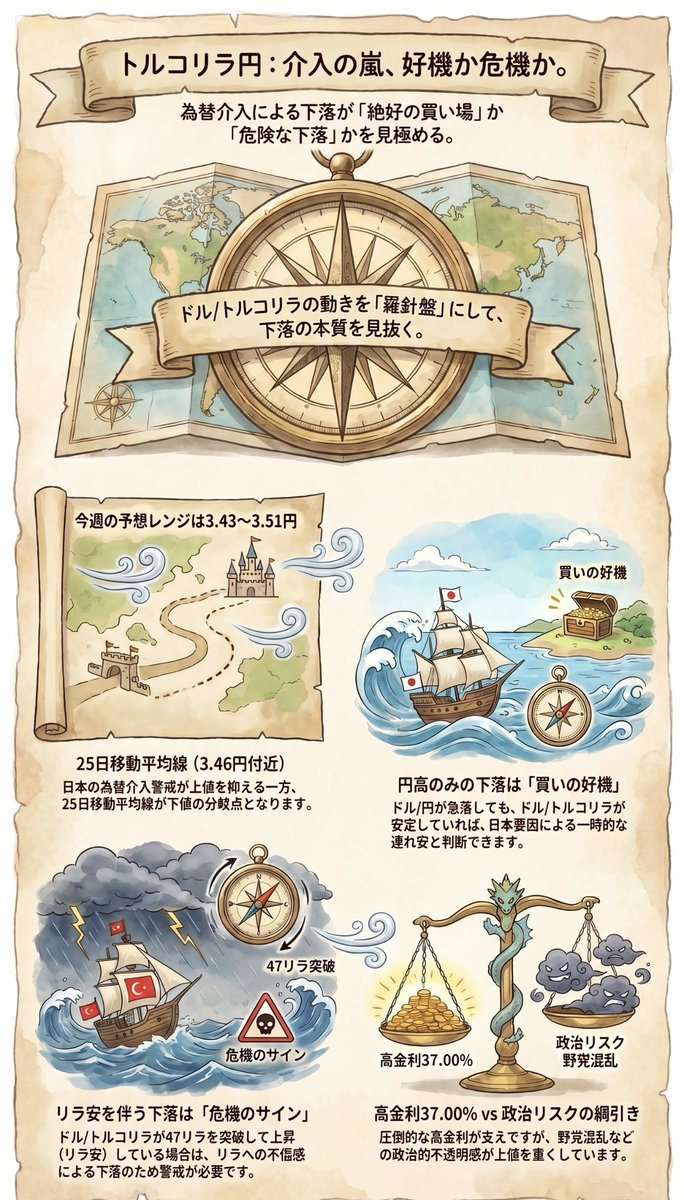 bumanfx's tweet photo. 【外為どっとコム】トルコリラ/円🇹🇷🇯🇵の短期見通し、日本🇯🇵の再介入が最大の焦点

目先のトルコリラ/円🇹🇷🇯🇵に影響を及ぼしそうな材料は、日本当局の動き。
日本🇯🇵の財務省は、2026年4月28日から5月27日にかけて、合計11兆7,349億円の為替介入を実施した💰前回の大規模介入後、いったん円高方向に振れたドル円🇺🇸🇯🇵が40年ぶりの162円台へ迫っているため、市場では二度目の介入リスクが意識されやすくなっている🤔

そのため、日本当局🇯🇵による円買い再介入が入れば、トルコ側に悪材料がなくても、ドル円の急落に巻き込まれる形でトルコリラ/円は下落する可能性がある😨この場合、基本レンジの3.43円～3.51円を一時的に下回り、3.40円割れまで下振れるリスクも想定される😱

こうした局面で考えたいのは、下落の中身。ドル/トルコリラ🇺🇸🇹🇷が46～47リラ台で落ち着いたまま、ドル円🇺🇸🇯🇵だけが急落⤵️⤵️しているのなら、日本側要因による連れ安と判断できる。
一方で、円買い介入と同時にドル/トルコリラ🇺🇸🇹🇷も47リラ台に明確に乗せてきたなら、話は別。その場合は、トルコリラ🇹🇷そのものへの不信感が強まっている可能性も考えなければいけない🤔この時は、3.43円割れを単純な買い場と見るのは危険😓今週の判断軸は、ドル円急落だけなら押し目候補、ドル/トルコリラ上昇を伴うなら警戒となる💦

https://t.co/LaEVPTJ56M

#fx
#トルコリラ円