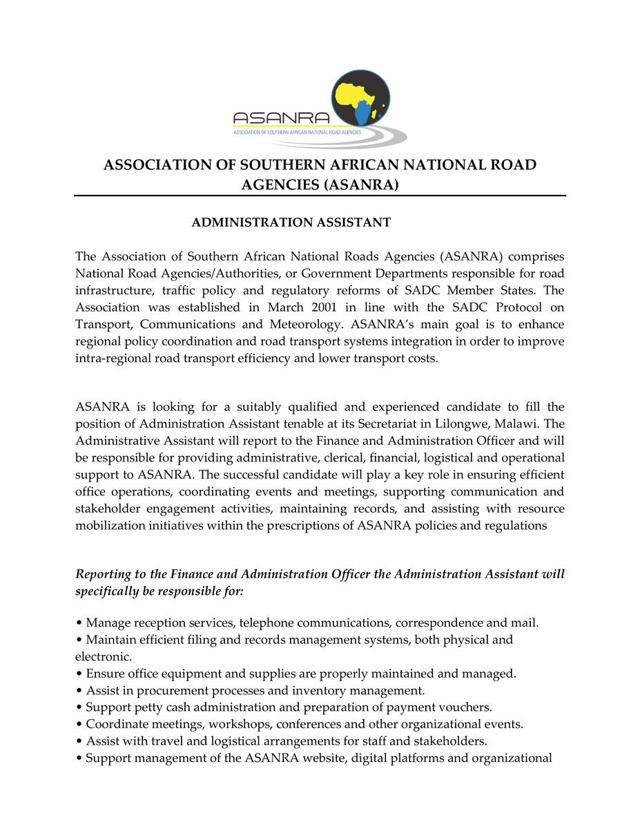 ntchitomw's tweet photo. ADMINISTRATION ASSISTANT

ASSOCIATION OF SOUTHERN AFRICAN NATIONAL ROAD AGENCIES (ASANRA)

Malawi https://t.co/gWTUiegl3b