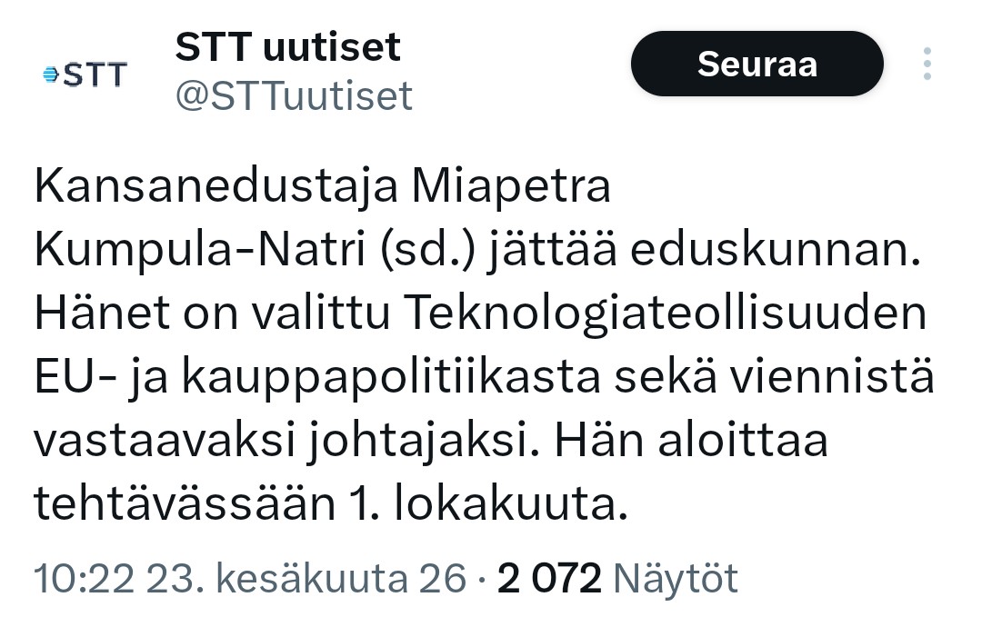 GranlundSamppa's tweet photo. Teknologiateollisuus eilen "hyvää pride viikkoa"

Teknologiateollisuus tänään. "Palkkaamme Kumpula-Natrin eduskunnasta viennin johtajaksi"

Onneksi meillä ei ole hillotolppia ja sekoilua näissä järjestöissä. https://t.co/hHkxYO3GTk