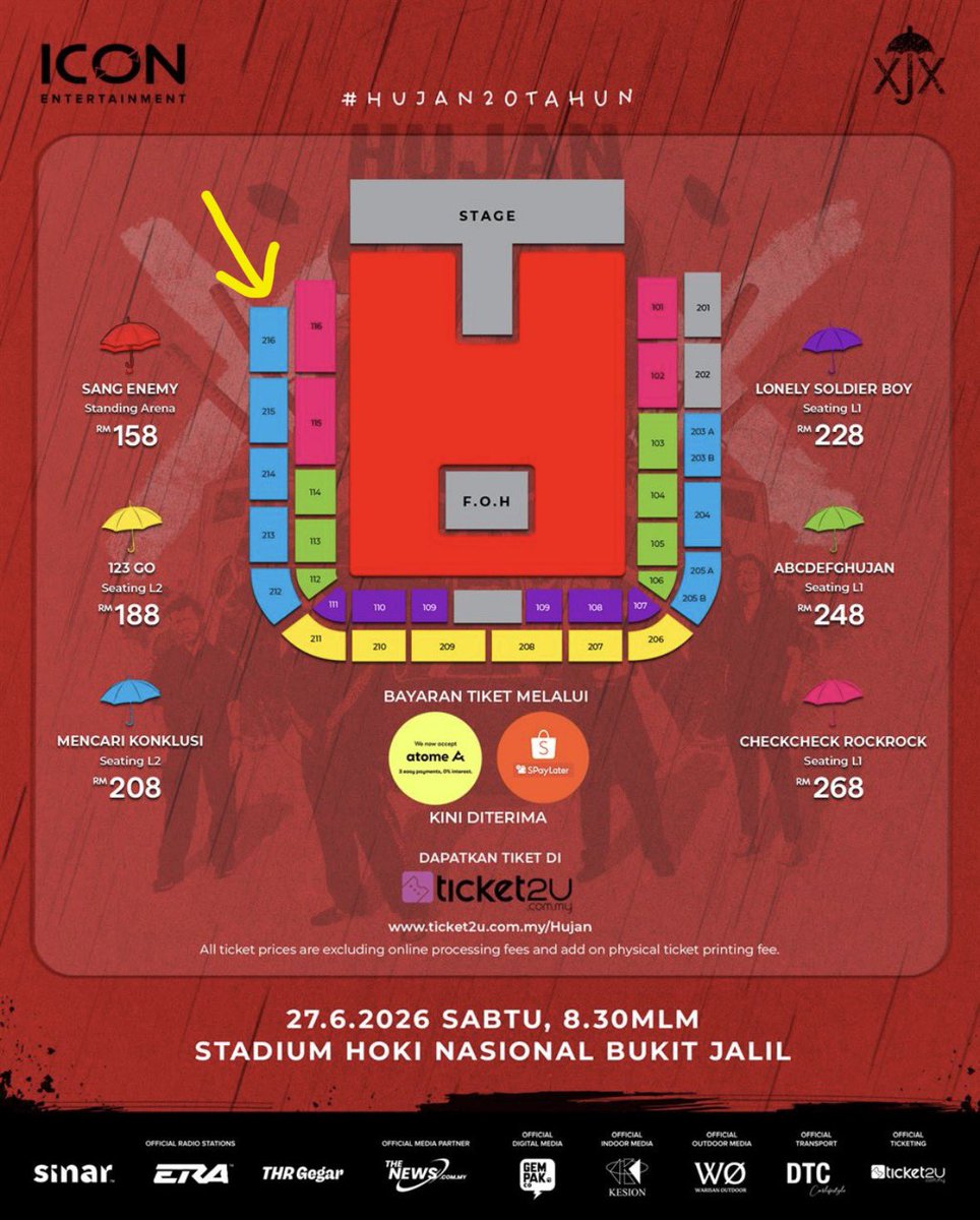 superFei10's tweet photo. [WTS] 1 tiket konsert HUJAN XX: #HUJAN20TAHUN untuk dilepaskan.

Date: 27/06/2026 Saturday
Time: 8:00PM
Section: 216 - Mencari Konklusi
Seat: A-13
Price: RM200 (NP: RM218.64)

Jika berminat sila dm. https://t.co/4jR9R8pbKh