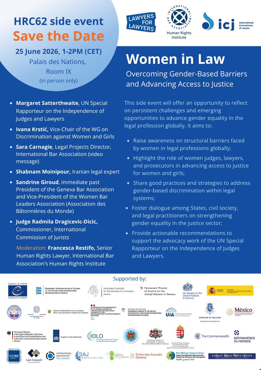 ShabnamMoini's tweet photo. I am honoured to be speaking at the HRC62 side event “#Women in #Law: Overcoming Gender-Based Barriers and Advancing Access to #Justice” on 25 June 2026 at the Palais des Nations in Geneva.
#UNHRC62 SIDE EVENT | https://t.co/vGmAOhvACr