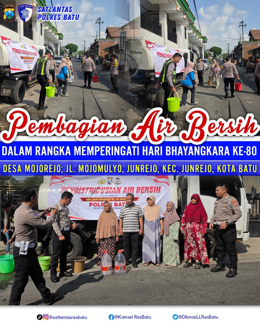 DikmasLLResBatu's tweet photo. Dalam rangka memperingati Hari Bhayangkara ke-80, Satlantas Polres Batu melaksanakan kegiatan pendistribusian air bersih bagi warga yang membutuhkan di Desa Mojorejo, Jl. Mojomulyo, Junrejo, Kecamatan Junrejo, Kota Batu.

#HariBhayangkara80 #PolriUntukMasyarakat https://t.co/TnJ3L98iye