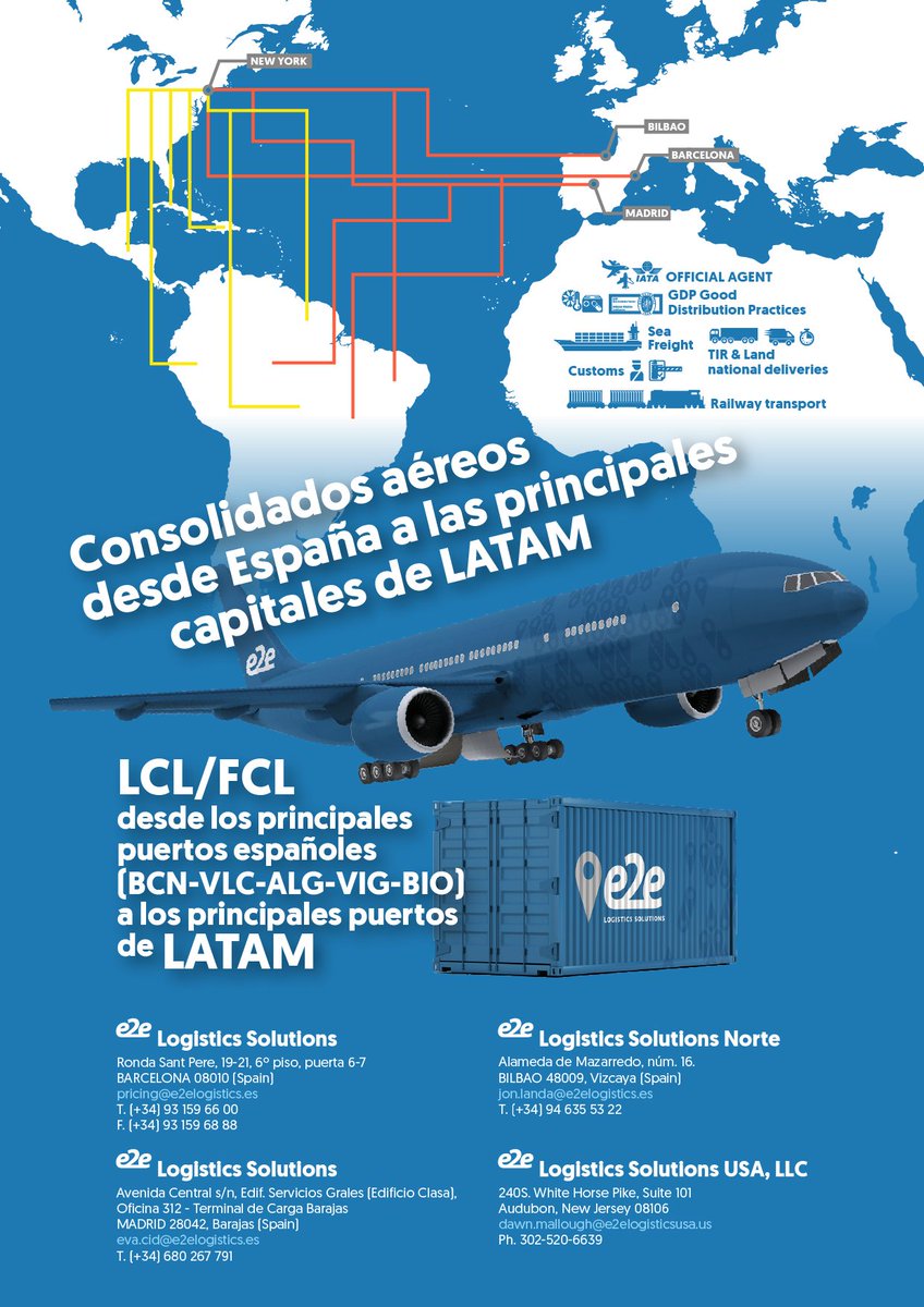 e2elogisticses's tweet photo. We manage international sea and air shipments between Spain, Central America, and South America. 

#FreightForwarding #E2eLogisticsSolutions #SupplyChain #WorldWideShipping #LatamTrade #WCASLC2026 #WCAworld #MiPharmaGlobal https://t.co/tQgG9J3pb6
